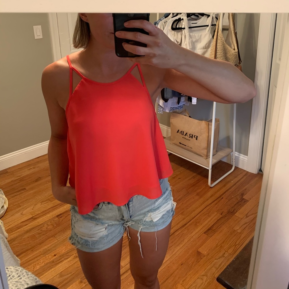 Neon pink/orange crop tank with fun straps!